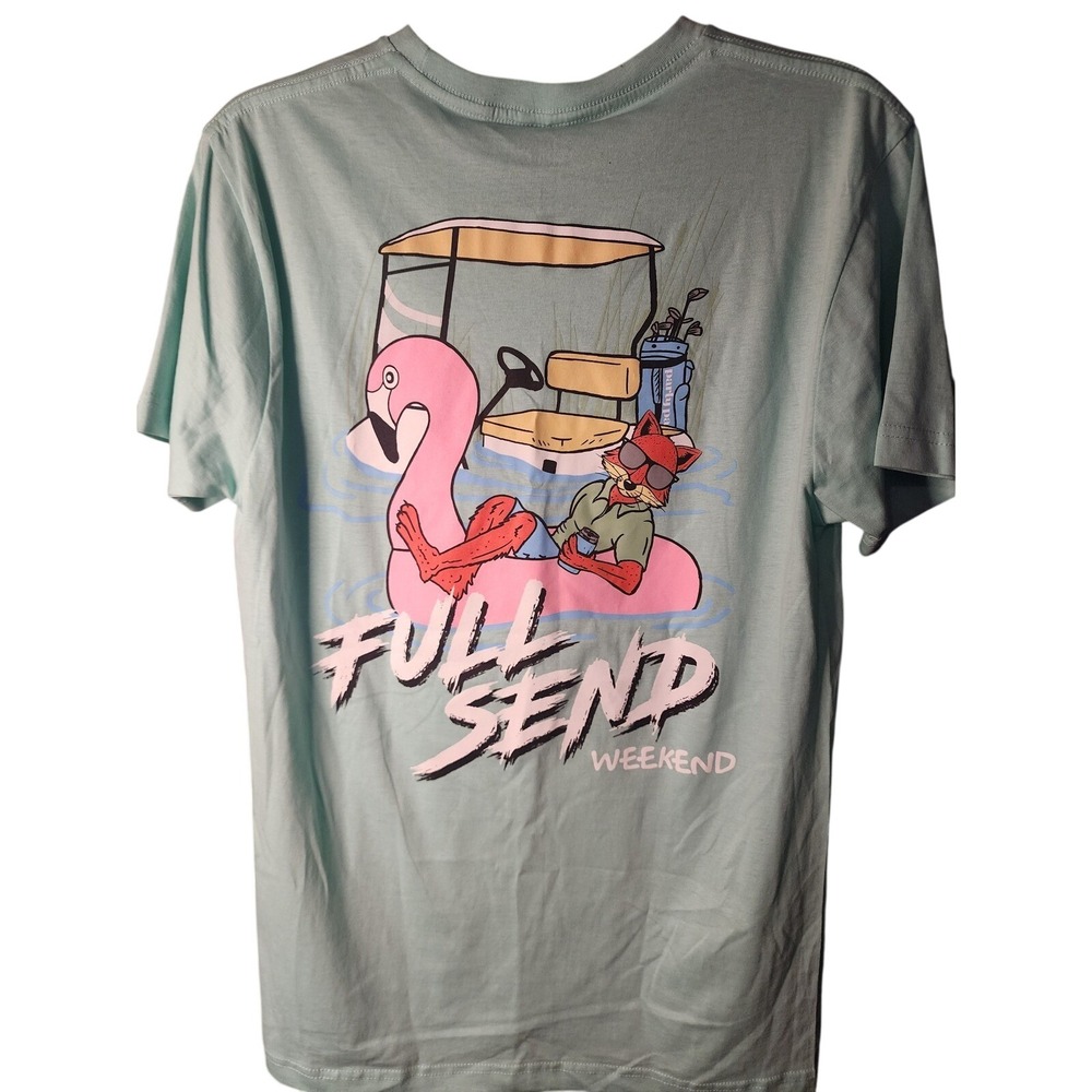 Party Pants Mens Full Send Weekend Graphic T-Shirt Mint Green Fox Flamingo M